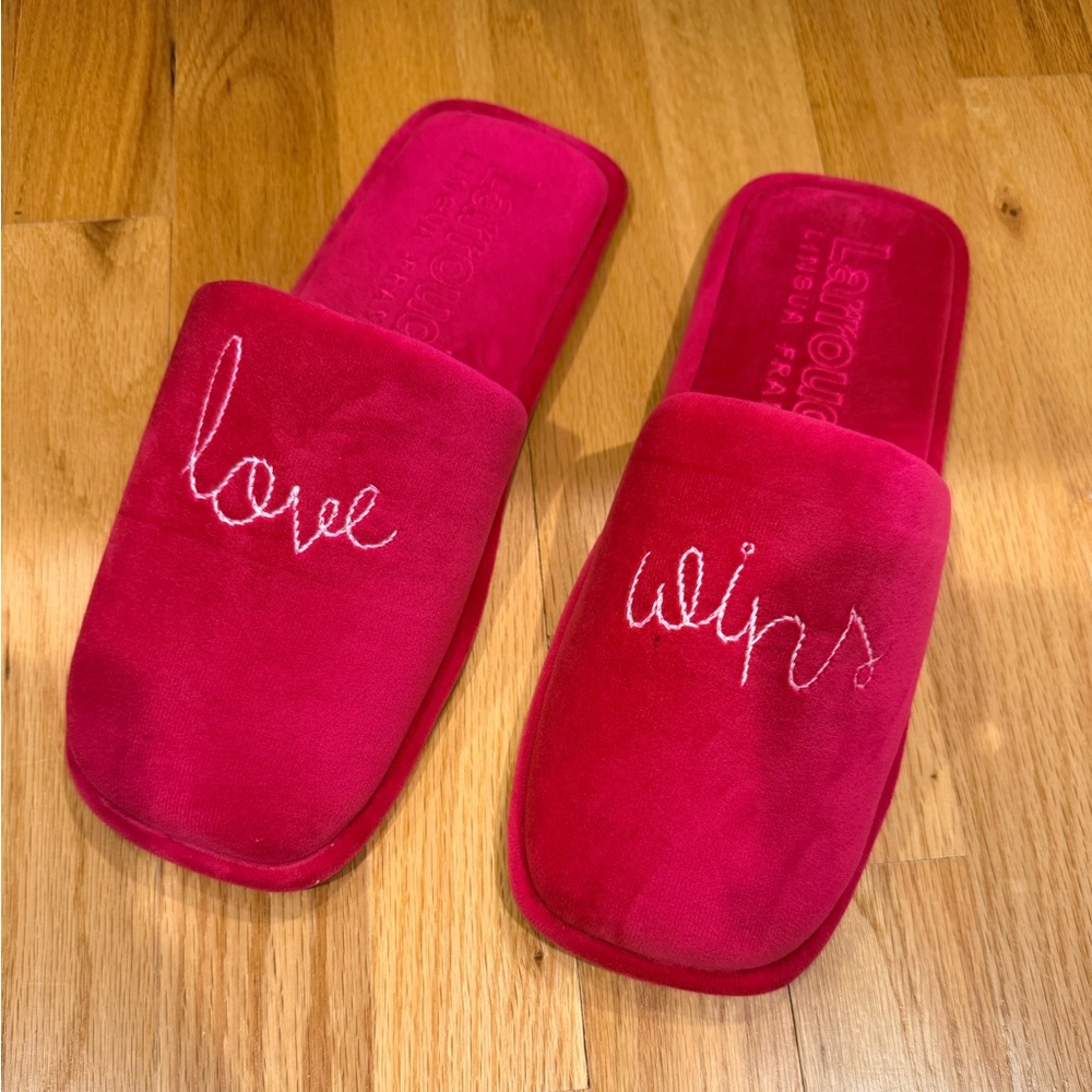 Pink Larroude Slippers with Embroidered ‘Love Wins’ Message